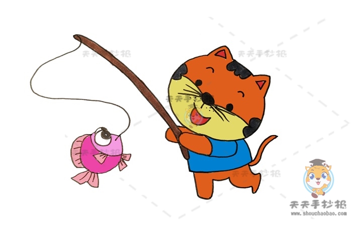 儿童卡通小猫钓鱼简笔画怎么画，小猫钓鱼简笔画