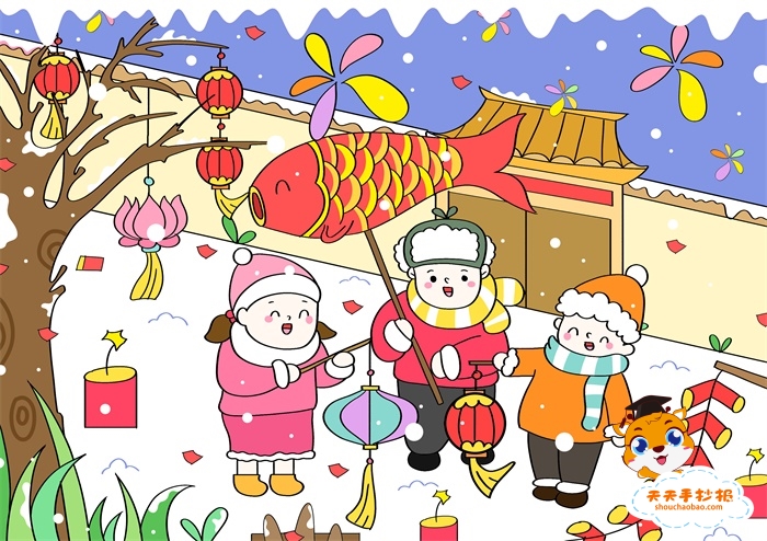 一等奖春节儿童画模板教程，以新年为主题的绘画