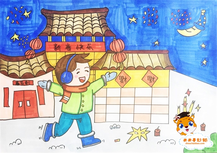 关于春节的儿童画怎么画简单，小学生春节绘画作品模板素材