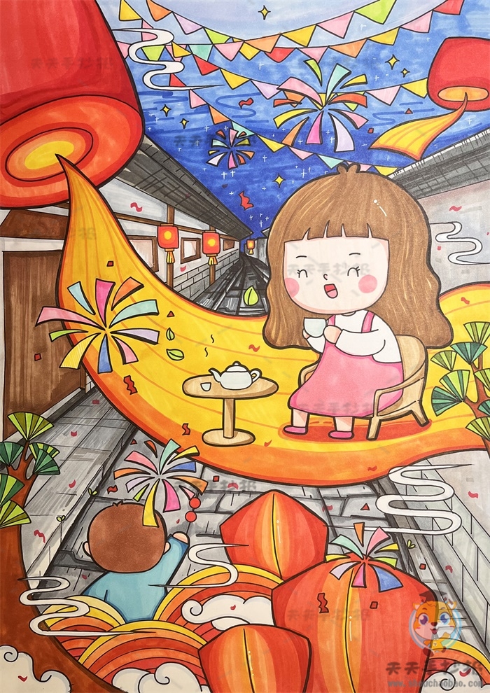 春节海报绘画作品一等奖模板，春节儿童画竖版超漂亮画法