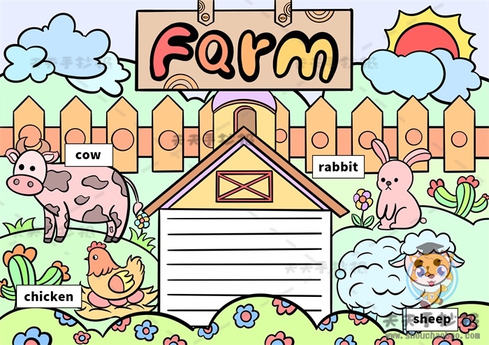 简单的农场英语手抄报怎么画，带动物的英语农场手抄报画法教程