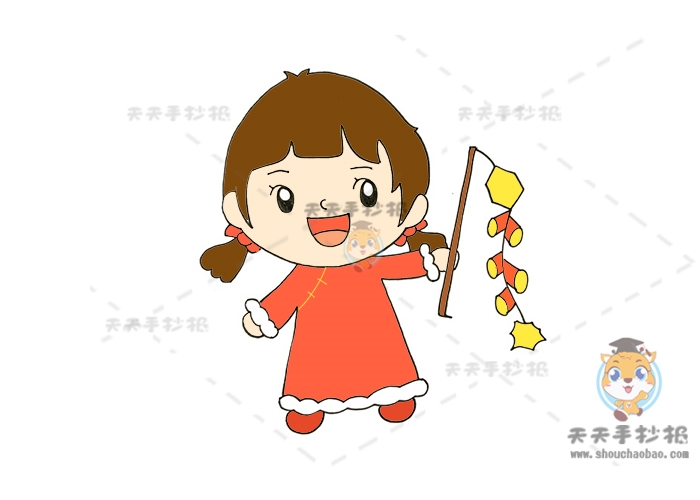 春节放鞭炮简笔画简单又有趣画法，如何绘制上色春节放鞭炮简笔画