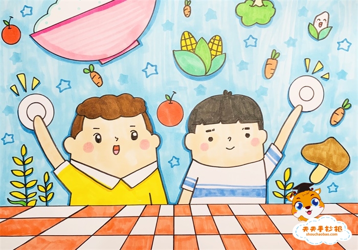 小学生节约粮食儿童画简单，儿童光盘行动绘画教程模板