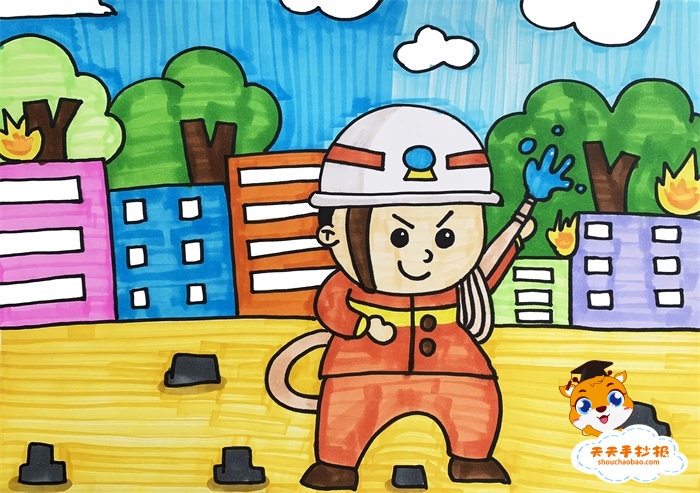 消防安全儿童画怎么画简单又漂亮，119消防安全儿童画教程