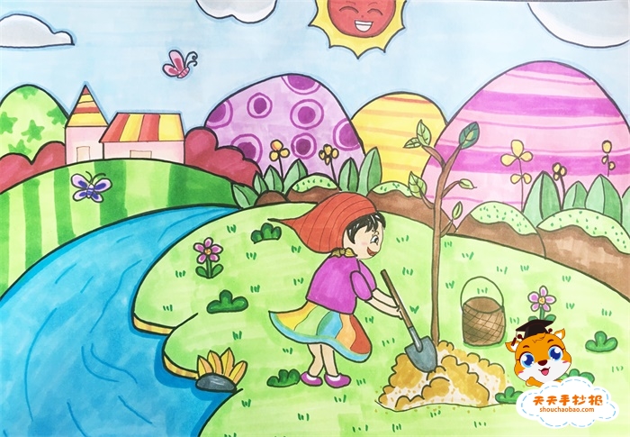 小学生植树节儿童画彩色模板，植树节儿童画怎么