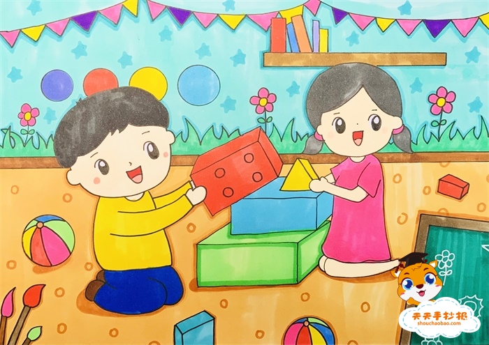 以幼儿园为主题的儿童画教程，幼儿园生活绘画作品一等奖模板