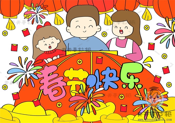 虎年春节绘画作品简单漂亮画法，欢度春节主题儿童画作品大全