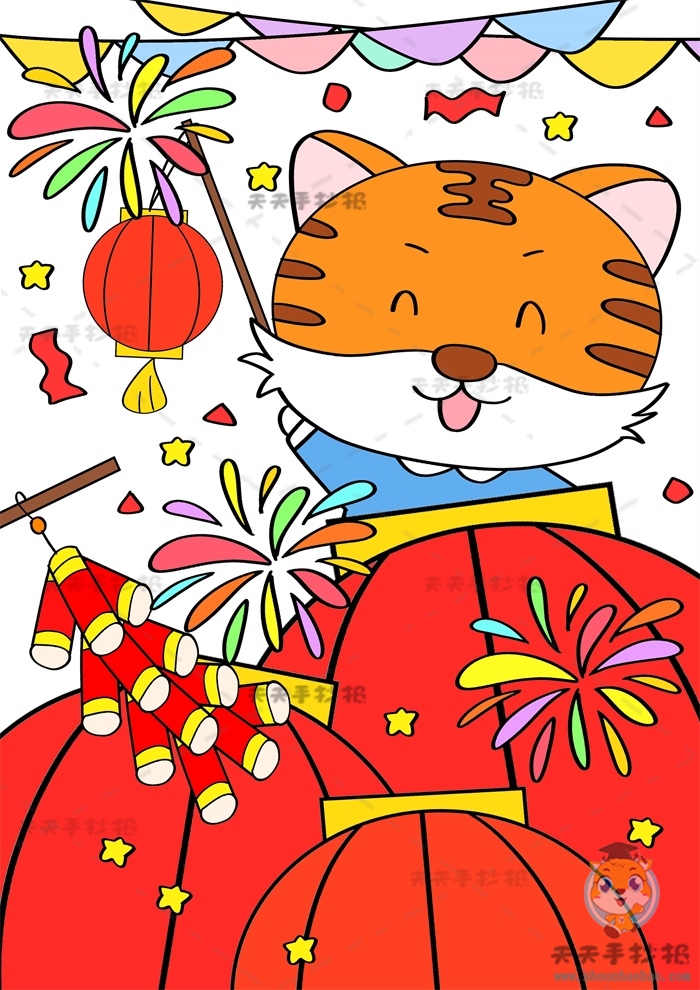 虎年迎新春主题绘画模板素材，2022竖版虎年儿童绘